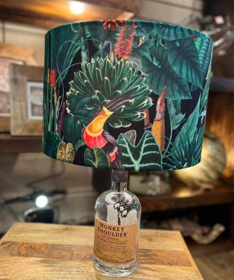30cm Tropical Handmade Lampshade with Upcycled Bottle Lamp 30cm Tropical Forest exotic velvet lampshade with whiskey bottle lamp