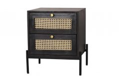 Dorset Bournemouth modern interior black mango wood bedside table with rattan drawers