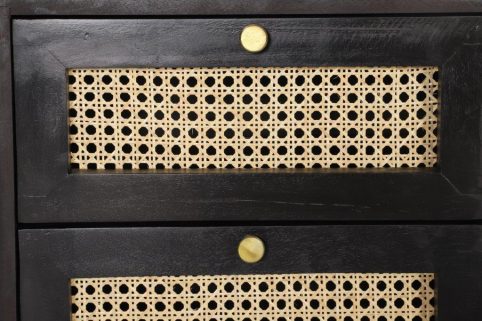 Dorset Modern Range Black Painted Mango Wood Bedside Table with Two Rattan Drawers details Dorset Bournemouth modern interior black mango wood bedside table with rattan drawers details