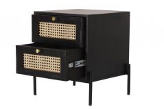 Dorset Modern Range Black Painted Mango Wood Bedside Table with Two Rattan Drawers open drawer