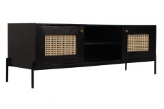 Modern boho black painted mango wood tv unit with rattan detailed side cabinets