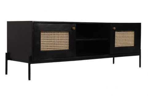 Dorset Modern Range Black Painted Mango Wood Large TV StandUnit with Rattan Cabinets side Modern boho black painted mango wood tv unit with rattan detailed side cabinets
