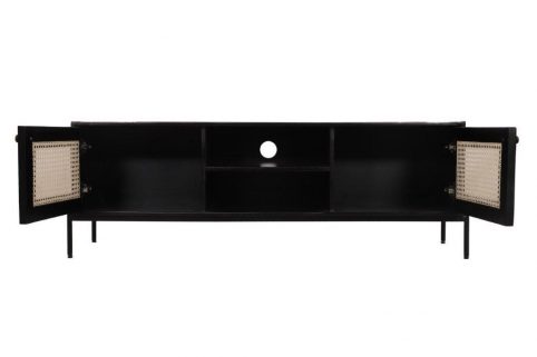 Dorset Modern Range Black Painted Mango Wood Large TV StandUnit with Rattan open Cabinets Dorset Bournemouth Tv stand modern with rattan details