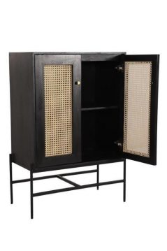 Dorset Modern Range Mango wood Black Painted Storage Cabinet with Rattan Doors open door Bournemouth unique mango painted black modern storage cabinet