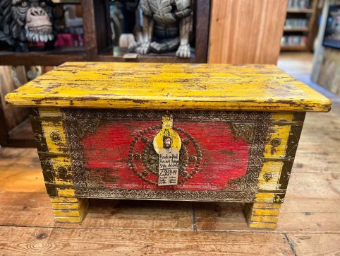 Handcrafted Ancient Antique Style Chest Handpainted vintage Style Red and Yellow Boho Bohemian style Wooden Chest