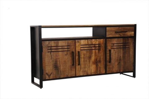 Industrial Iron Frame Natural Mango wood 3 Door 3 Shelf Cabinet