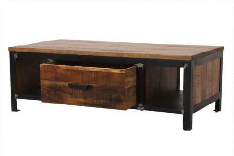 Industrial Iron Framed Mango Wood Coffee Table with 1 Drawer open drawer Industrial Iron mango wood coffee table with a drawer