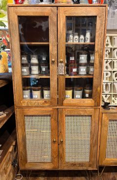 Light Mango Wood Glass Cabinet with Rattan Doors