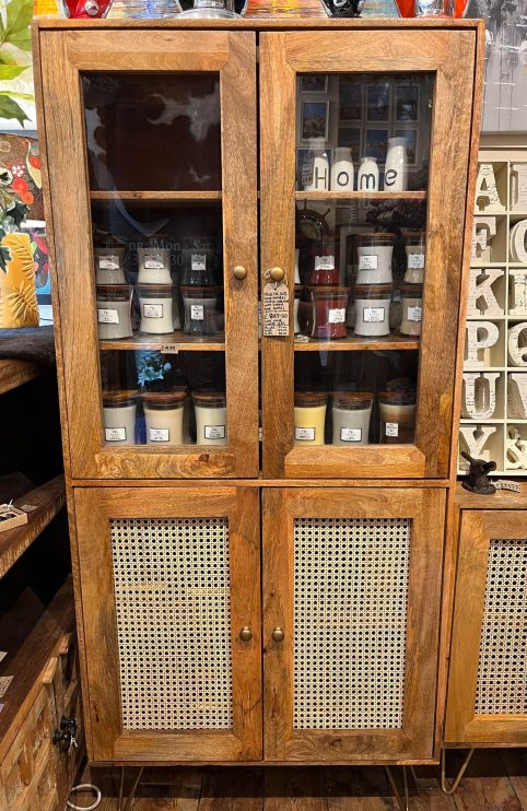 Light Mango Wood Glass Cabinet with Rattan Doors Light Mango Wood Glass Cabinet with Rattan Doors