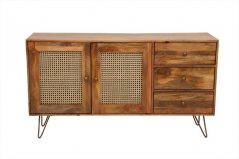Light Mango Wood large sideboard with 2 Rattan doors and 3 drawers