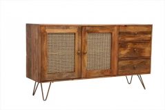 St. Remi Sheesham wood large sideboard side 1 light mango wood sideboard with metal legs and rattan doors