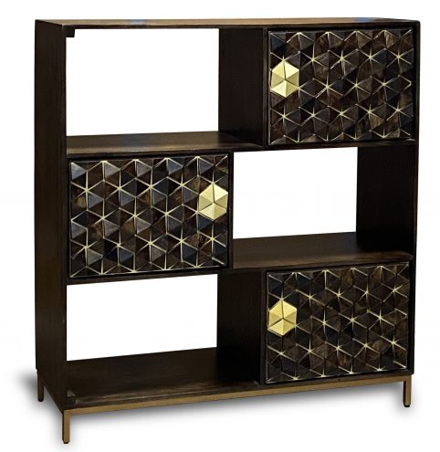 Gillingham 3D Geometric Walnut Mango hardwood 3 Door 3 Shelf Display Cabinet Exclusive range Gillingham 3d Geometric dark mango hardwood 3 door 3 shelf display cabinet