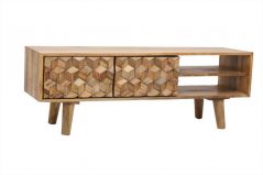 Handcarved geometric style natural light mango wood tv stand two shelves