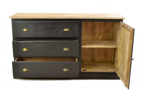 Handcrafted cabinet with 3 drawers and 1 cupboard all open Handcrafted cabinet with 3 drawers and 1 cupboard all open