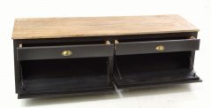 Natural and black TV storage unit with 6 drawers all open