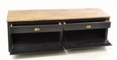 Natural and black TV storage unit with 6 drawers all open Natural and black TV storage unit with 6 drawers all open