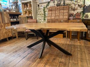 industrial style solid chunky rustic light mango wood dining table with chunky metal legs