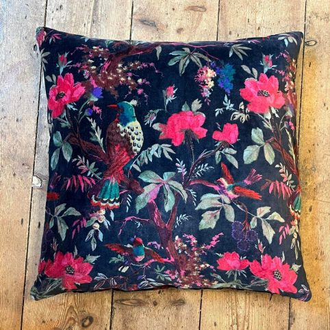 Black Boho Style floral design Cotton Velvet Cushion Cover 50x50cm front