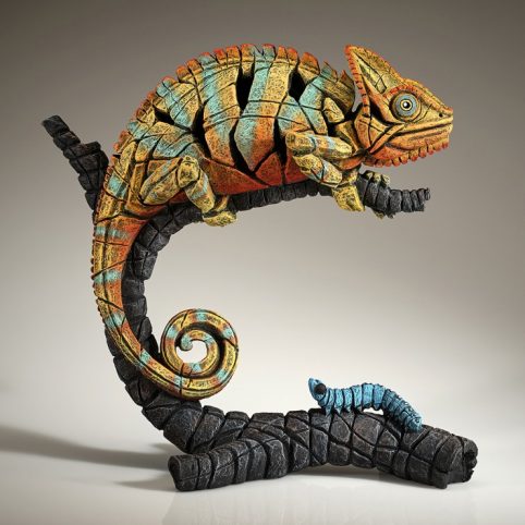Hand Sculpted and Painted Green Chameleon Sculpture By British Artist (Orange) UK delivery