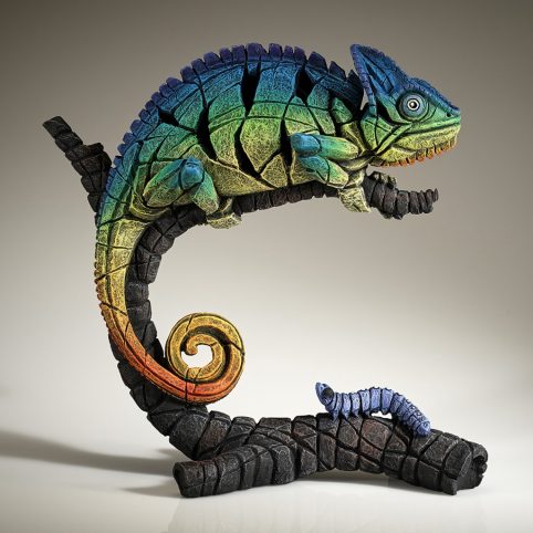Hand Sculpted and Painted Green Chameleon Sculpture By British Artist (Rainbow Blue) UK DELIVERY