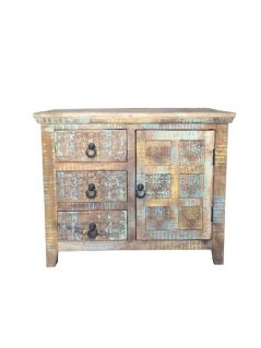Handcarved re-claimed natural mango light wood 3 drawer side door sideboard UK
