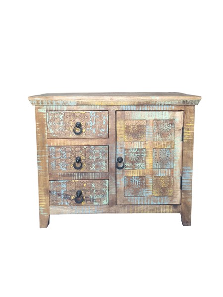 Hand- carved re-claimed Natural Mango Hardwood 3 Drawer 1 Door Sideboard main Handcarved re-claimed natural mango light wood 3 drawer side door sideboard UK