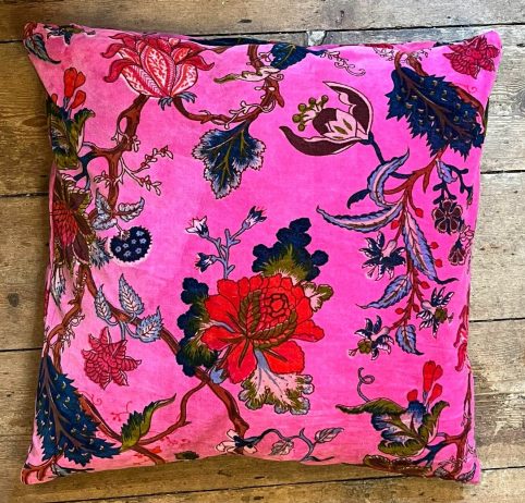 Pink Boho Style floral design Cotton Velvet Cushion Cover 50x50cm front