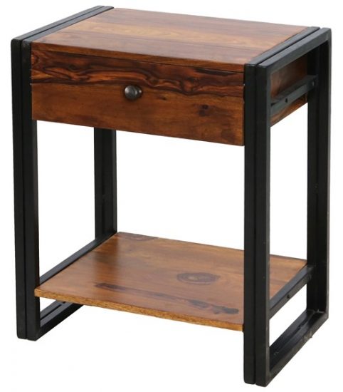 Industrial Style Sheesham Wood Side Table With A Shelf and Drawer