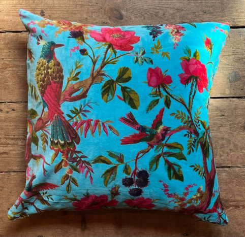 Blue Boho Style Floral Design Cotton Velvet Cushion Cover 50x50cm
