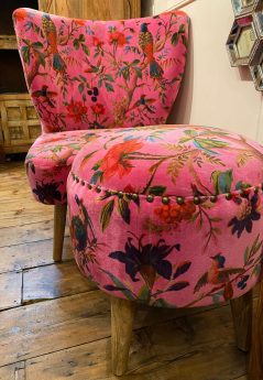pink cotton velvet chair and matching footstool