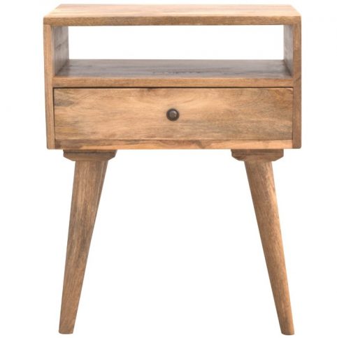 light mango wood bedside table with open slot and one drawer