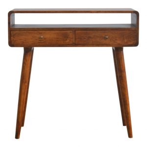 simple in finish stron wooden console table with two drawers and one slot
