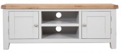 large grey ok tv stand with two shelves and two side doors