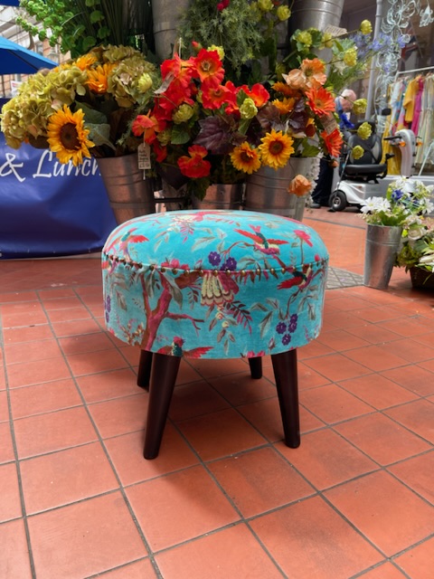 Classic Nouveau Style Blue Cotton Velvet Floral Footstool