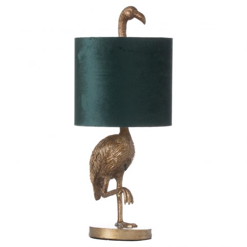 Gold Flamingo Lamp with Emerald Velvet Shade uk delivery