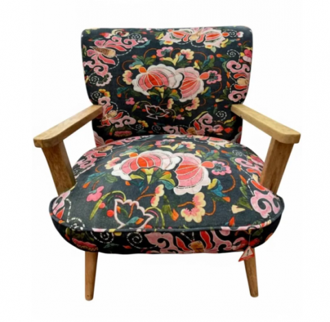 hand embroidered pink flower butterfly chair uphoslstered in black cotton velvet hand embroidered pink flower butterfly chair upholstered in black cotton velvet