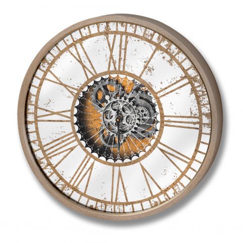 aged mirrored wall clock with moving gears