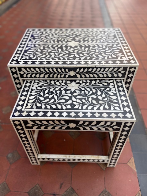 Handcrafted unique bone inlay furniture nest of 2 tables Handcrafted unique bone inlay furniture nest of 2 tables