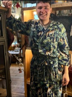 navy colour jungle leopard design cotton kimono robe